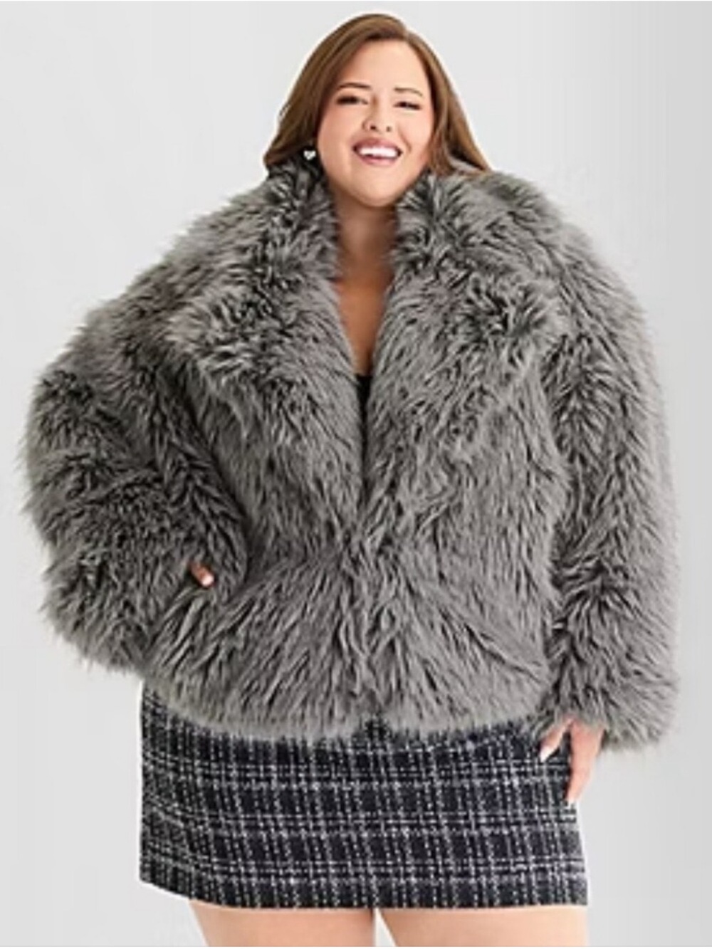 Ashley Graham Plush Gray Teddy Faux Fur Jacket